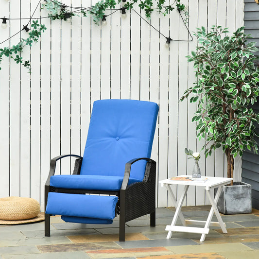 Outdoor Rattan Recliner Chair, Adjustable Back, Retractable Footrest, Blue Chaise Loungers Blue at Gallery Canada
