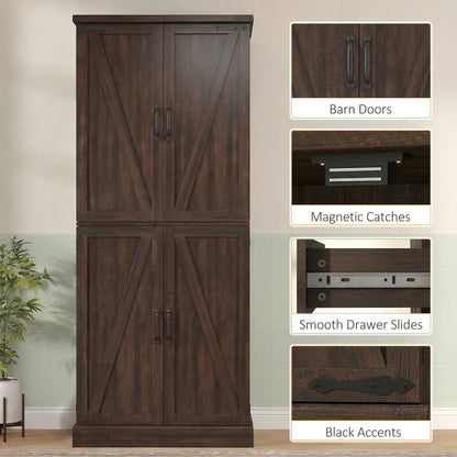 72" Tall Kitchen Pantry Cabinet, Farmhouse Storage Cabinet with 8 Door Racks and Adjustable Shelves, Distressed Brown Kitchen Pantry Cabinets at Gallery Canada