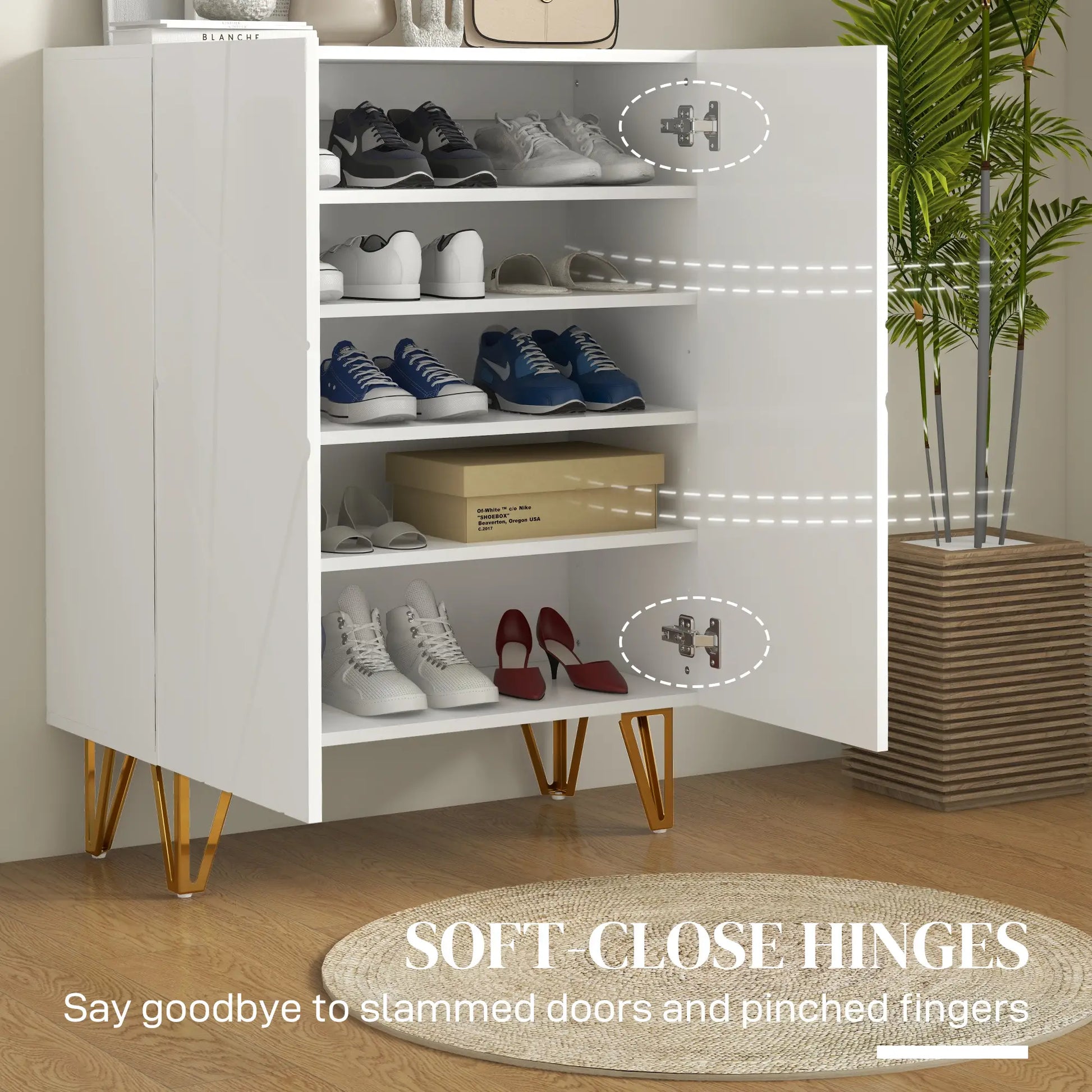 Narrow Shoe Storage Cabinet, Adjustable Shelves, 15-20 Pairs, High Gloss White Shoe Storage Cabinets & Racks at Gallery Canada