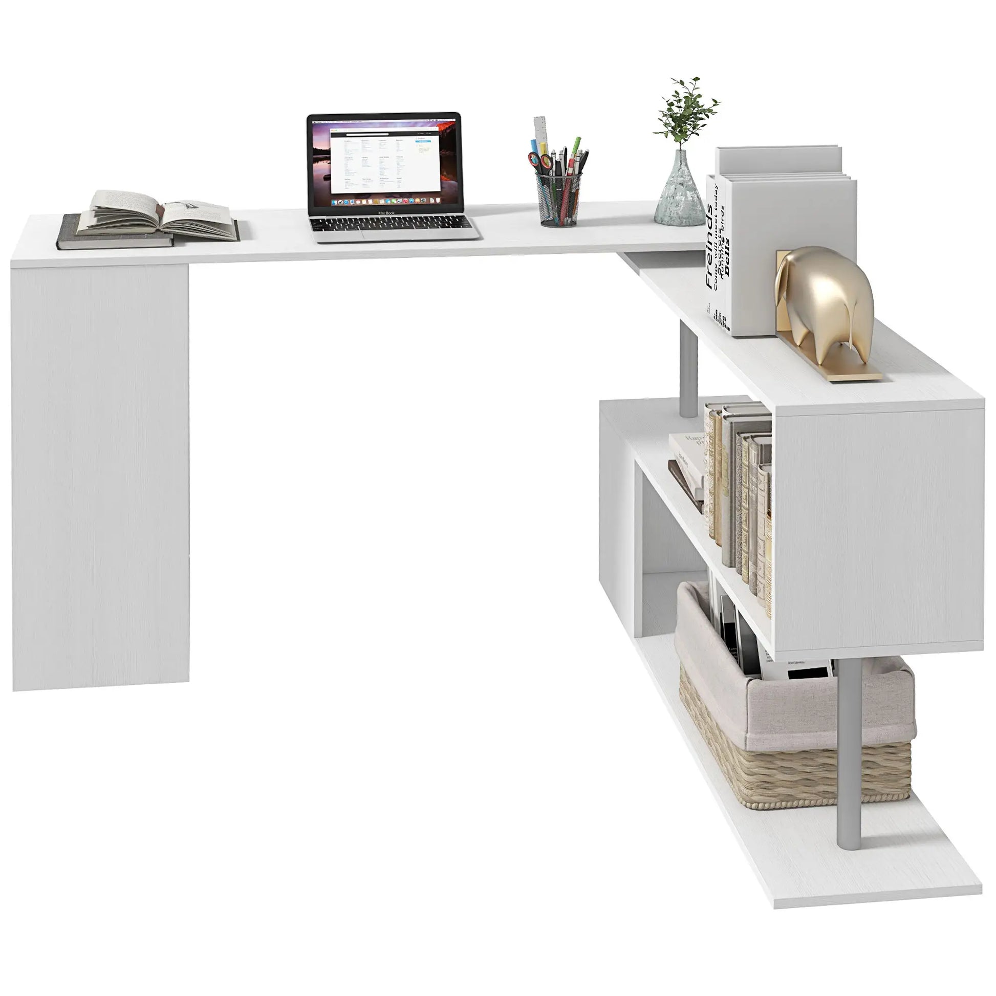 55" Corner Computer Desk, 360° Rotating L-Shaped, White Writing Desks at Gallery Canada