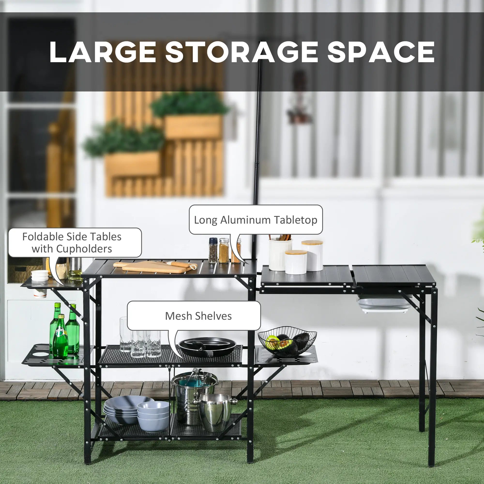 Folding Camping Kitchen, Portable Aluminum Cook Station, 3 Side Tables, 2 Shelves, Black Picnic Tables & Camping Chairs at Gallery Canada