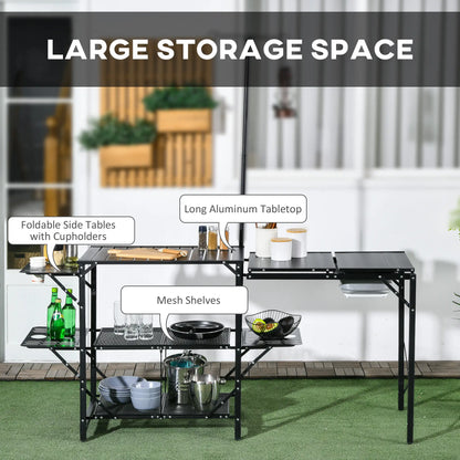 Folding Camping Kitchen, Portable Aluminum Cook Station, 3 Side Tables, 2 Shelves, Black Picnic Tables & Camping Chairs at Gallery Canada