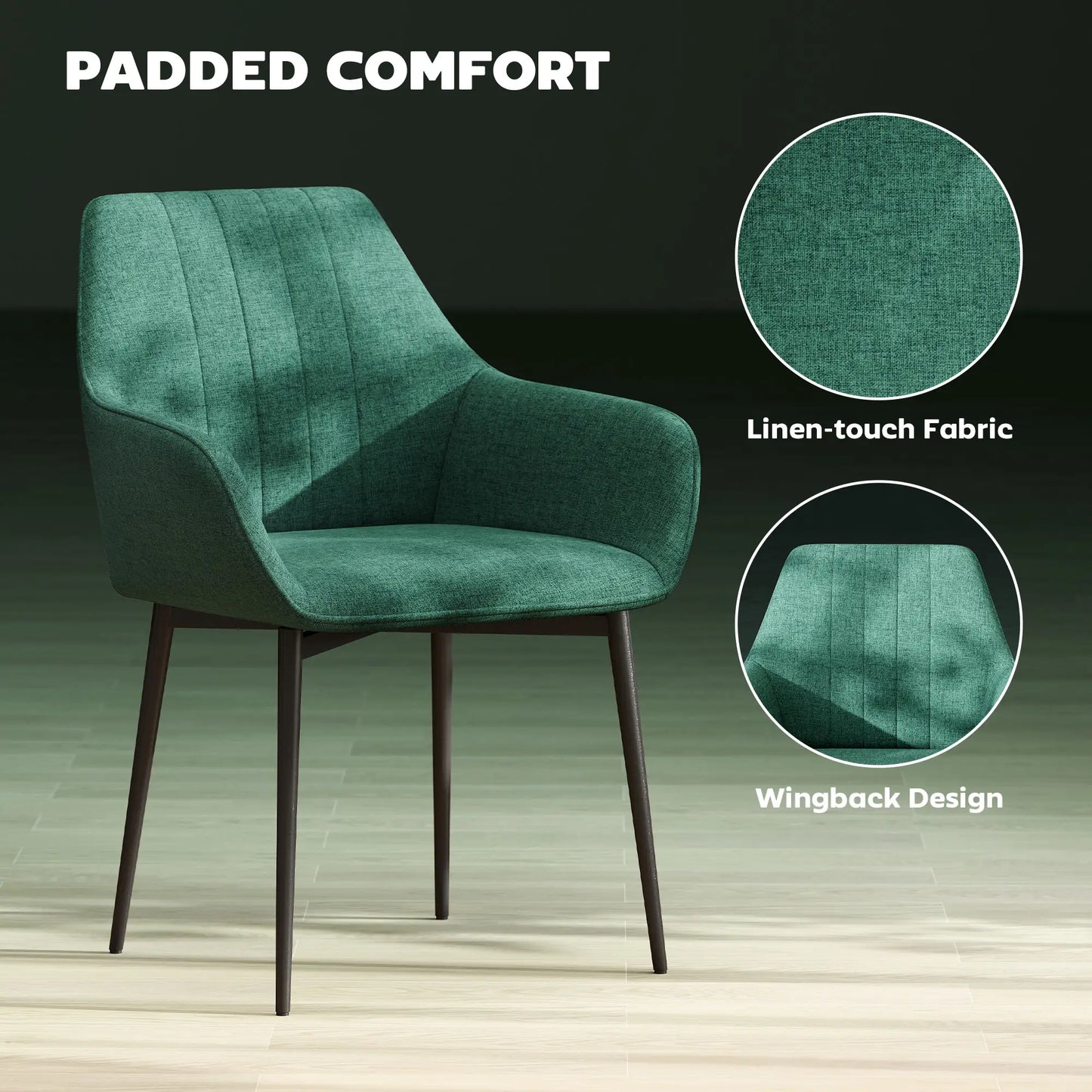 Upholstered Dining Chairs Set of 2, Linen Fabric, Metal Legs, Dark Green Dining Chairs at Gallery Canada