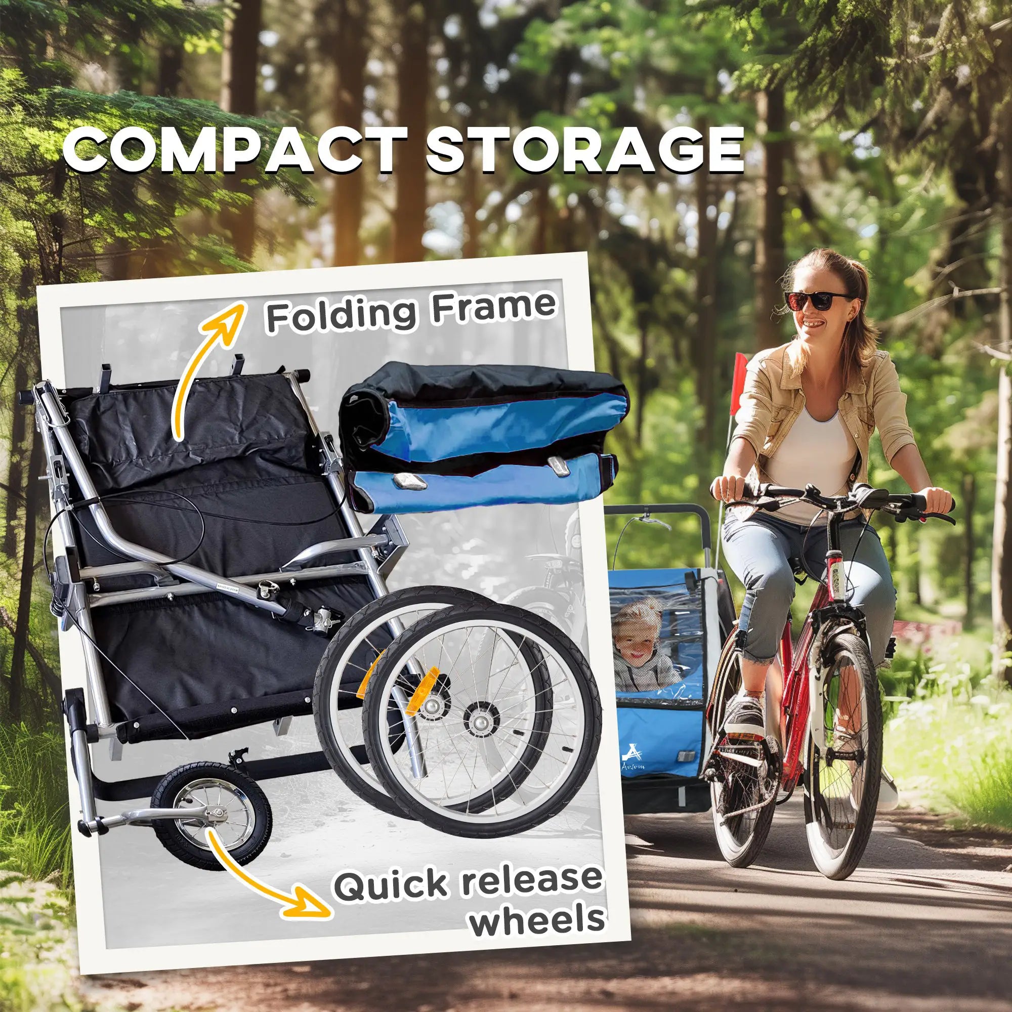 2-in-1 Bike Trailer for Kids, Foldable 2-Seat Stroller, Blue Kids Bike Trailers at Gallery Canada