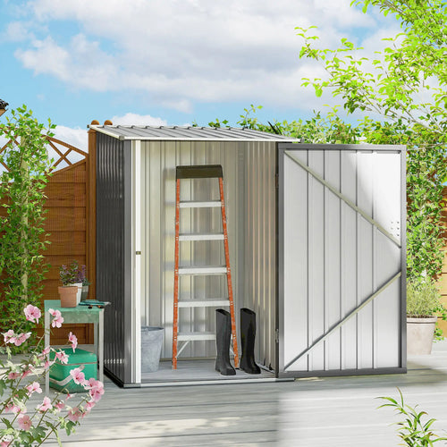 3.3' x 3.4' Lean-To Garden Shed, Galvanized Steel Tool House, Lockable Door, Grey