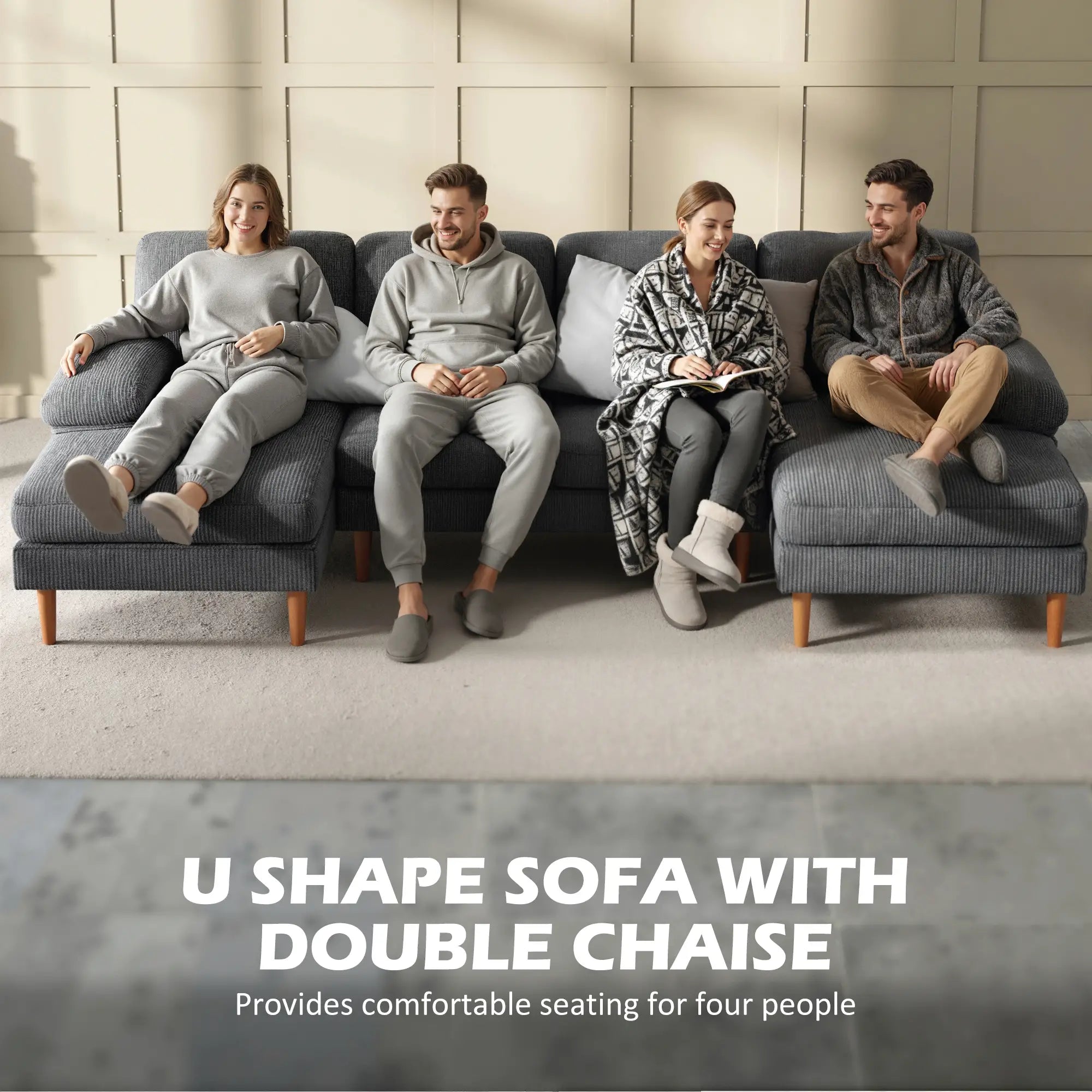 U Shape Couch with Double Chaise, Modern 4 Seater Sofa, Dark Grey 3-Seater Sofas at Gallery Canada