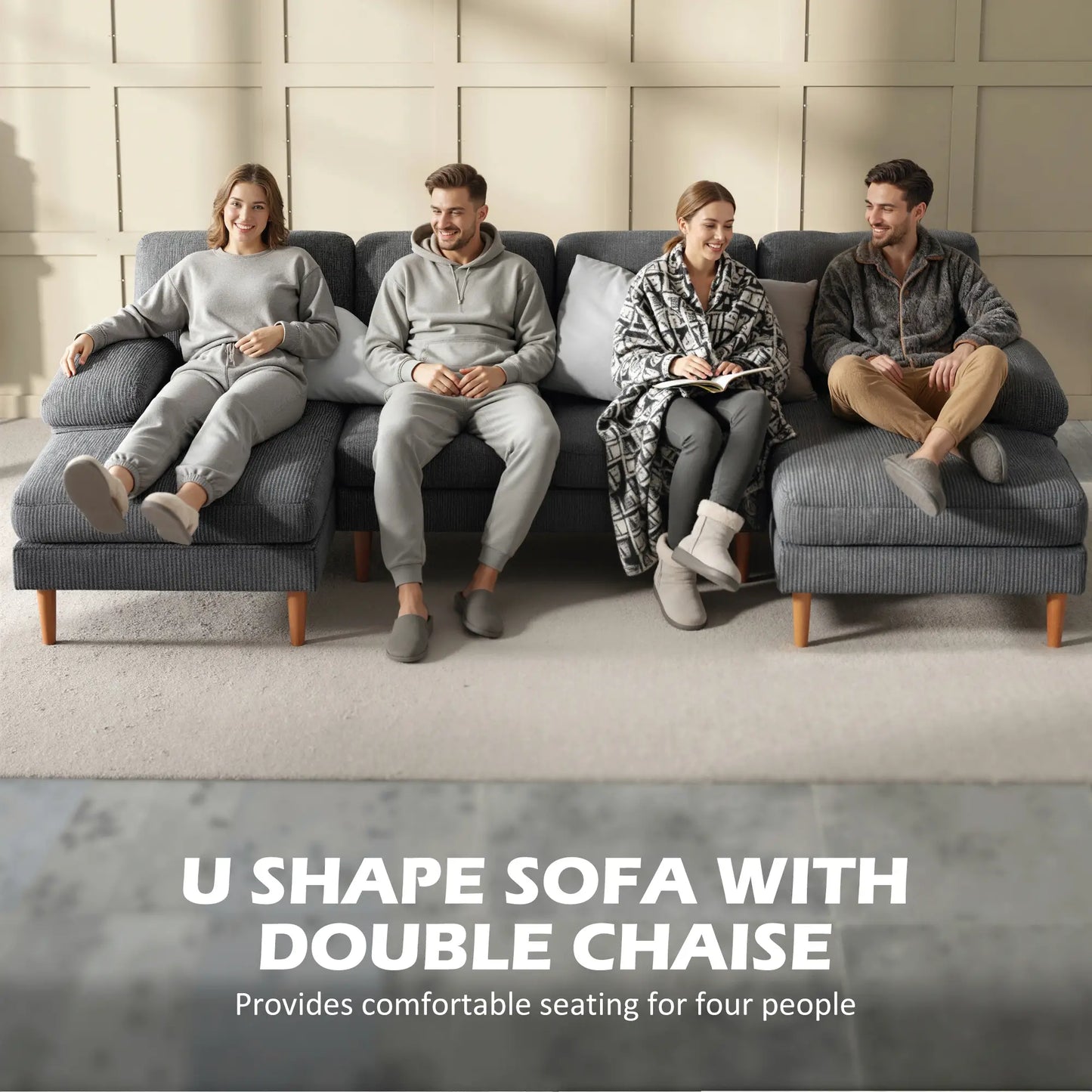 U Shape Couch with Double Chaise, Modern 4 Seater Sofa, Dark Grey 3-Seater Sofas at Gallery Canada