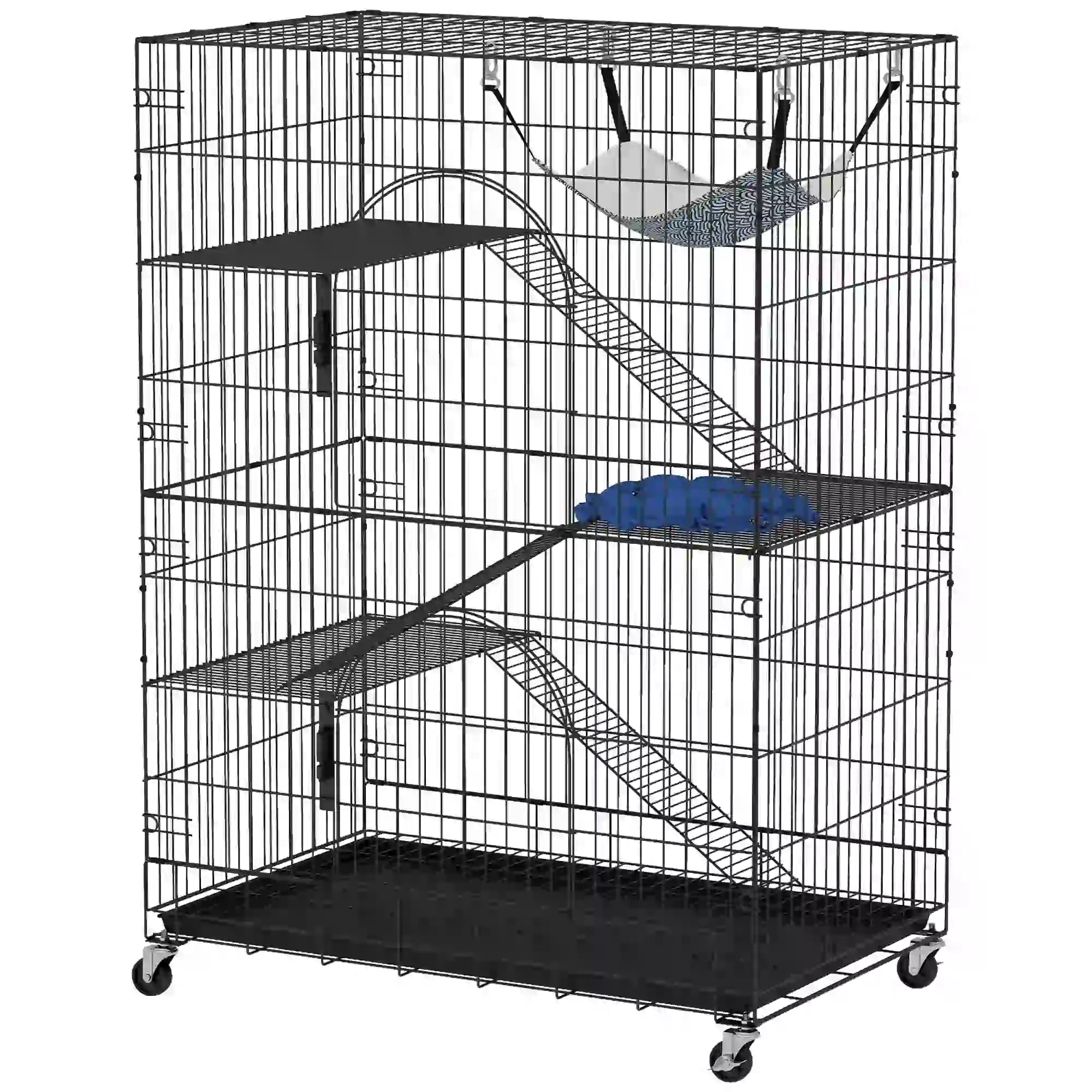 4-Tier Cat Cage, Large Enclosure with Lockable Wheels, Tray, Hammock Outdoor Cat Enclosures Black, Grey, Blue at Gallery Canada