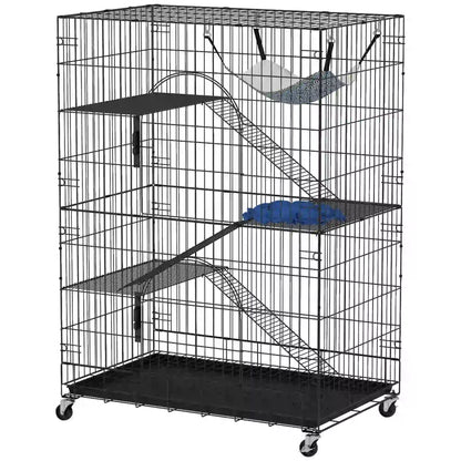 4-Tier Cat Cage, Large Enclosure with Lockable Wheels, Tray, Hammock Outdoor Cat Enclosures Black, Grey, Blue at Gallery Canada