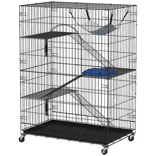 4-Tier Cat Cage, Large Enclosure with Lockable Wheels, Tray, Hammock Outdoor Cat Enclosures Black, Grey, Blue at Gallery Canada