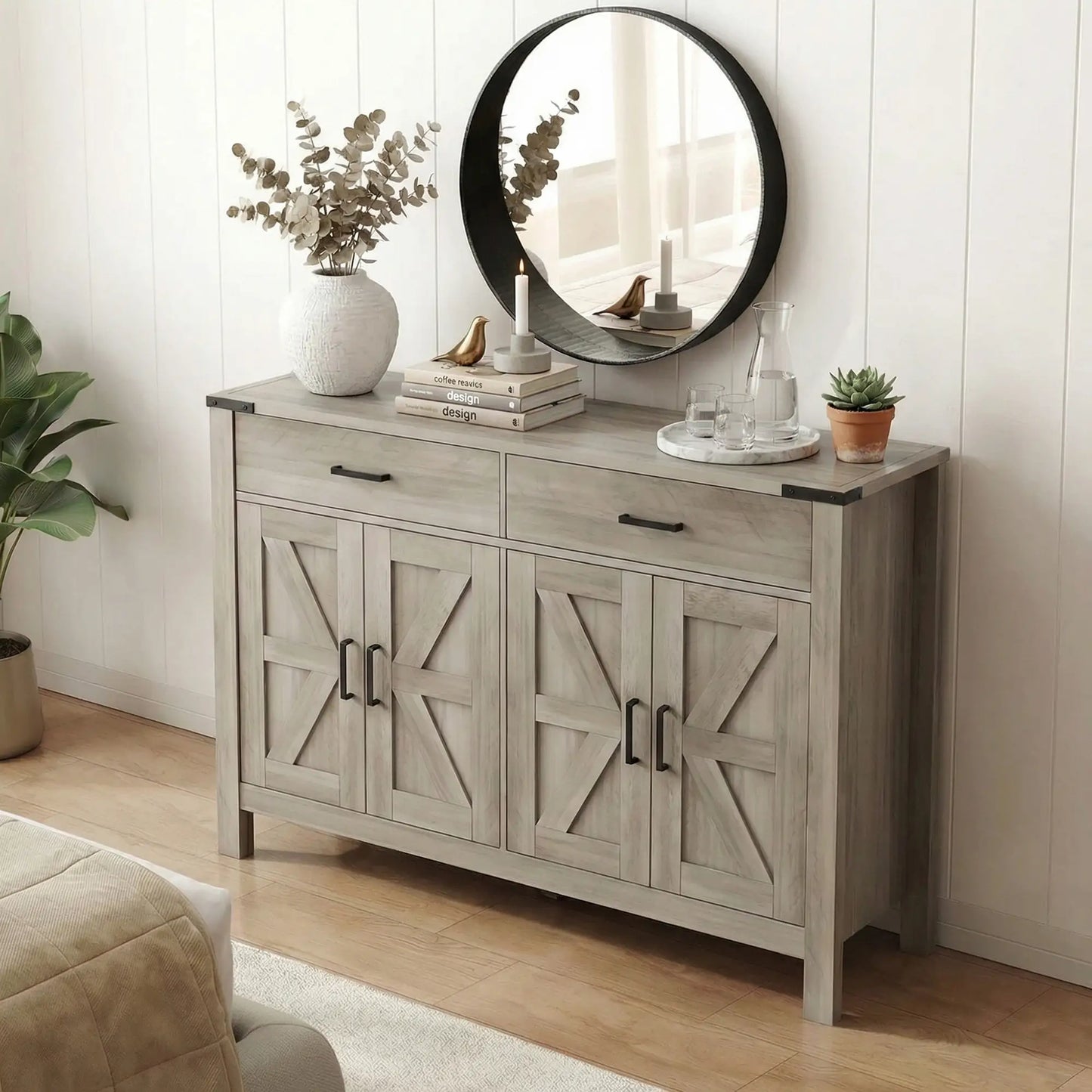 Farmhouse Buffet Cabinet, 2 Drawers, 2 Cabinets, Adjustable Shelves, Grey Bar Cabinets at Gallery Canada