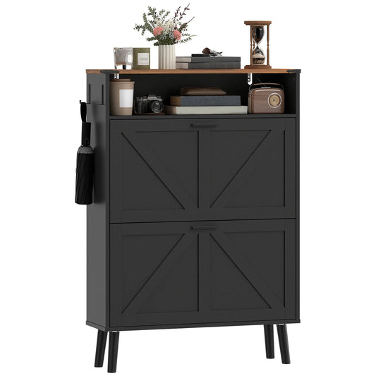Shoe Storage Cabinet, 2 Flip Drawers, Farmhouse Narrow, Holds 16 Pairs, Black Shoe Storage Cabinets & Racks Black, Brown at Gallery Canada