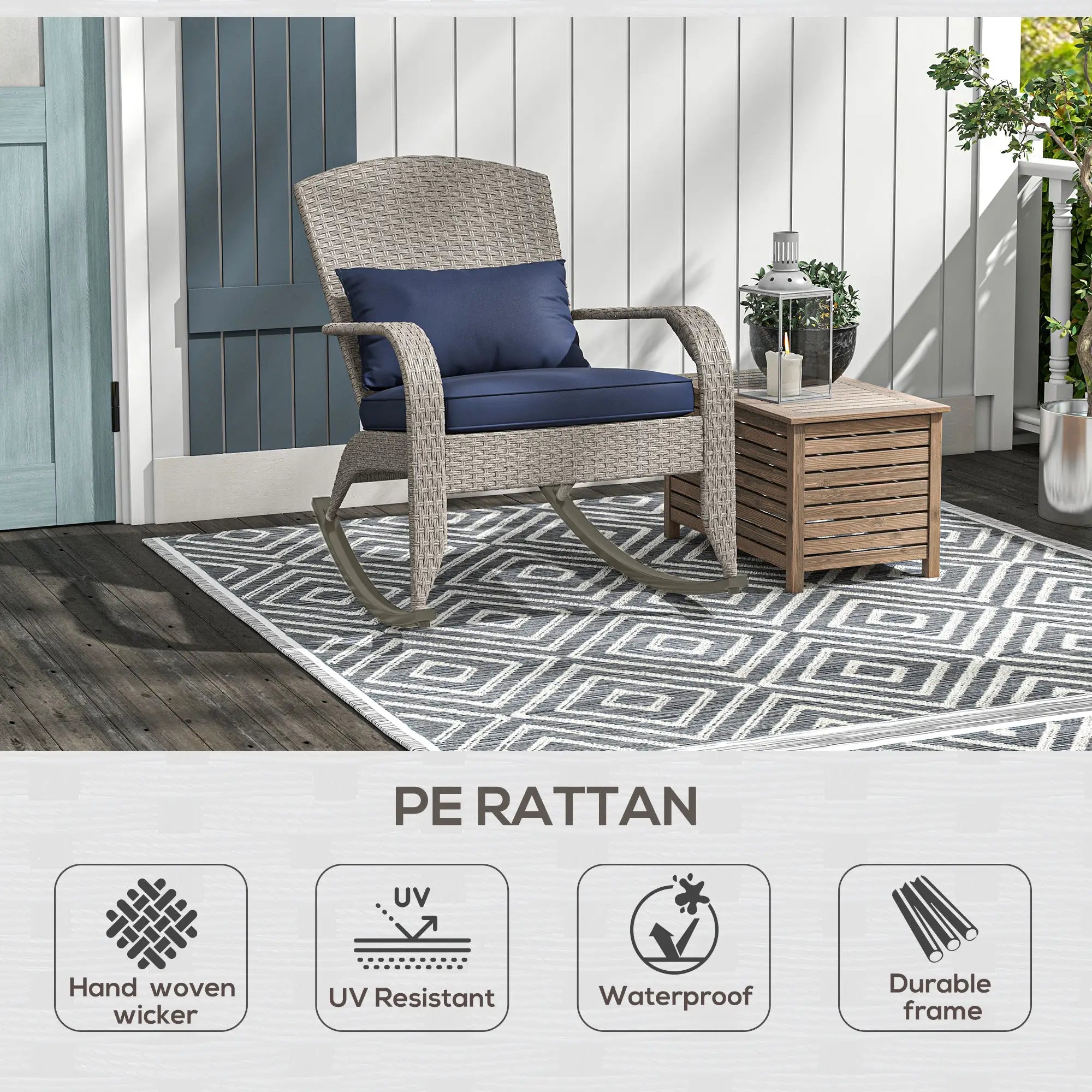 Outdoor Wicker Rocking Chair With Cushion, Dark Blue Patio Chairs at Gallery Canada