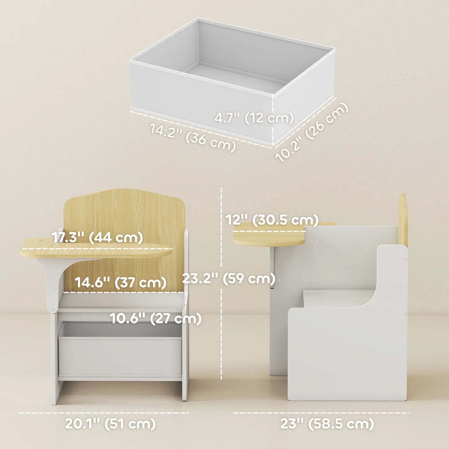 Ensemble de table et chaises pour enfants avec bac de rangement, âges 3-5, blanc