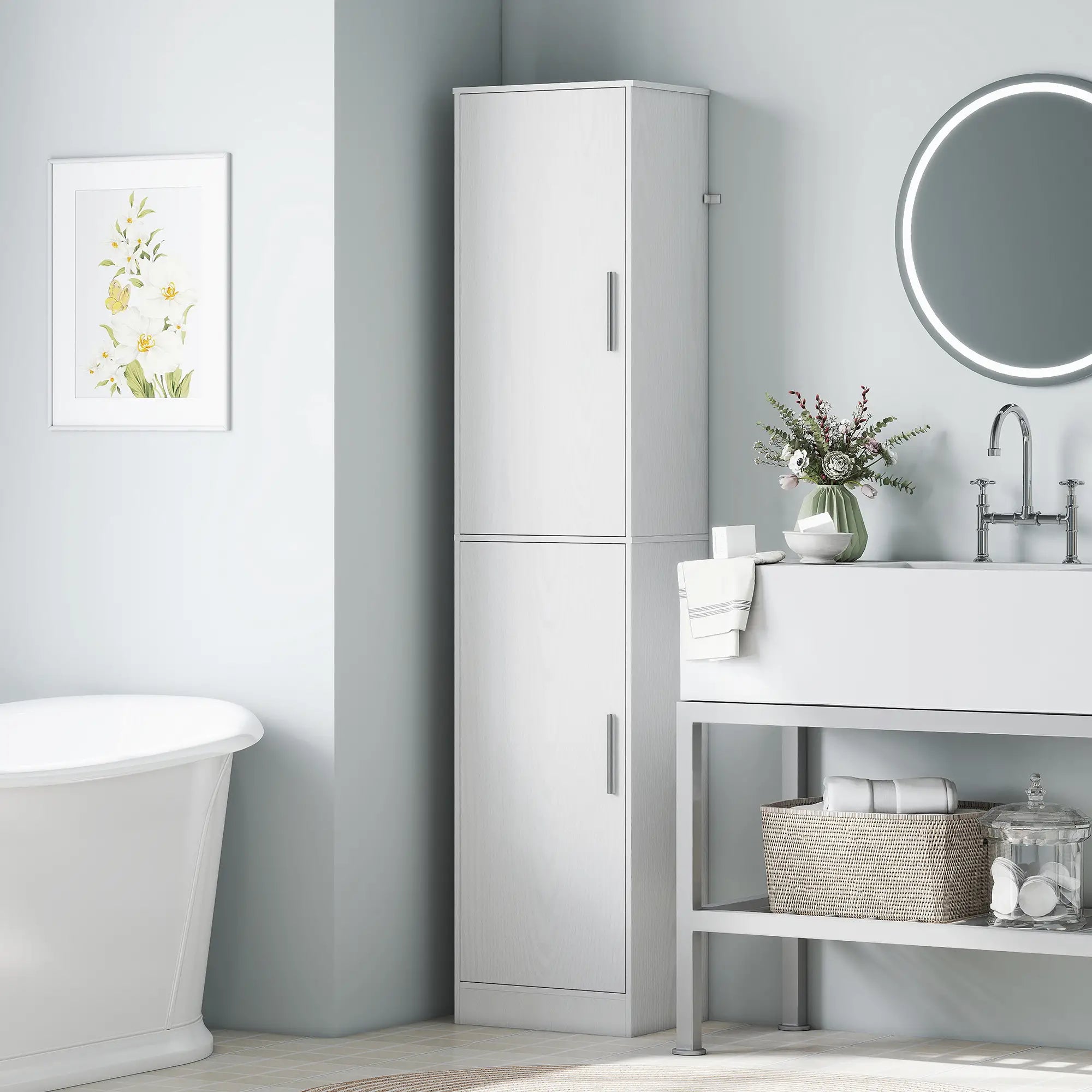 Tall Bathroom Cabinet, Slim Floor Cabinet, 2 Doors, 4 Shelves, White Freestanding Bathroom Cabinets at Gallery Canada
