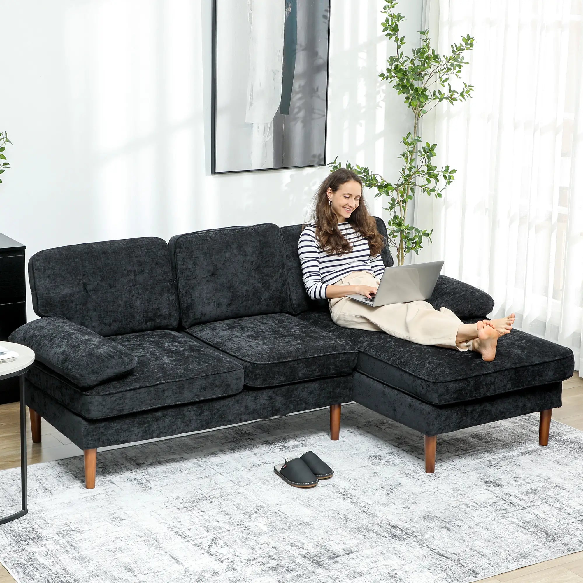 Modern Corner Couch, Right Chaise Lounge, Tufted 3-Seater Sofa, Wooden Legs, Black 3-Seater Sofas at Gallery Canada