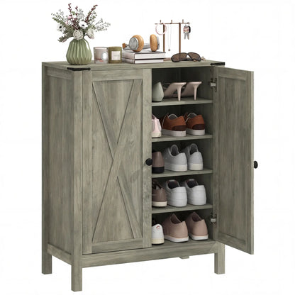 Shoe Cabinet With Barn Doors, Adjustable Shelves, Holds 15 Pairs, Grey