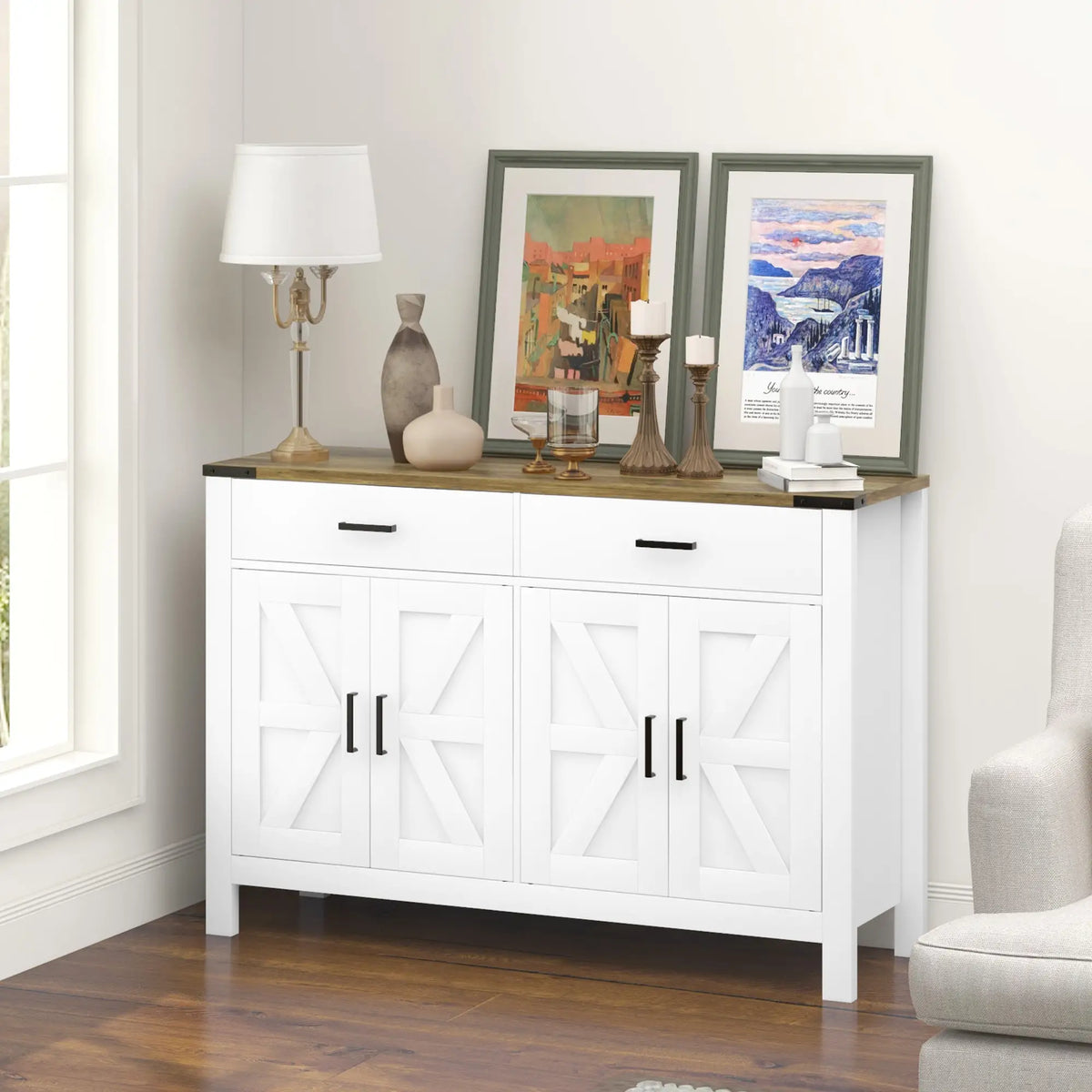 Farmhouse Buffet Cabinet, 2 Drawers, 2 Cabinets, Adjustable Shelves, White