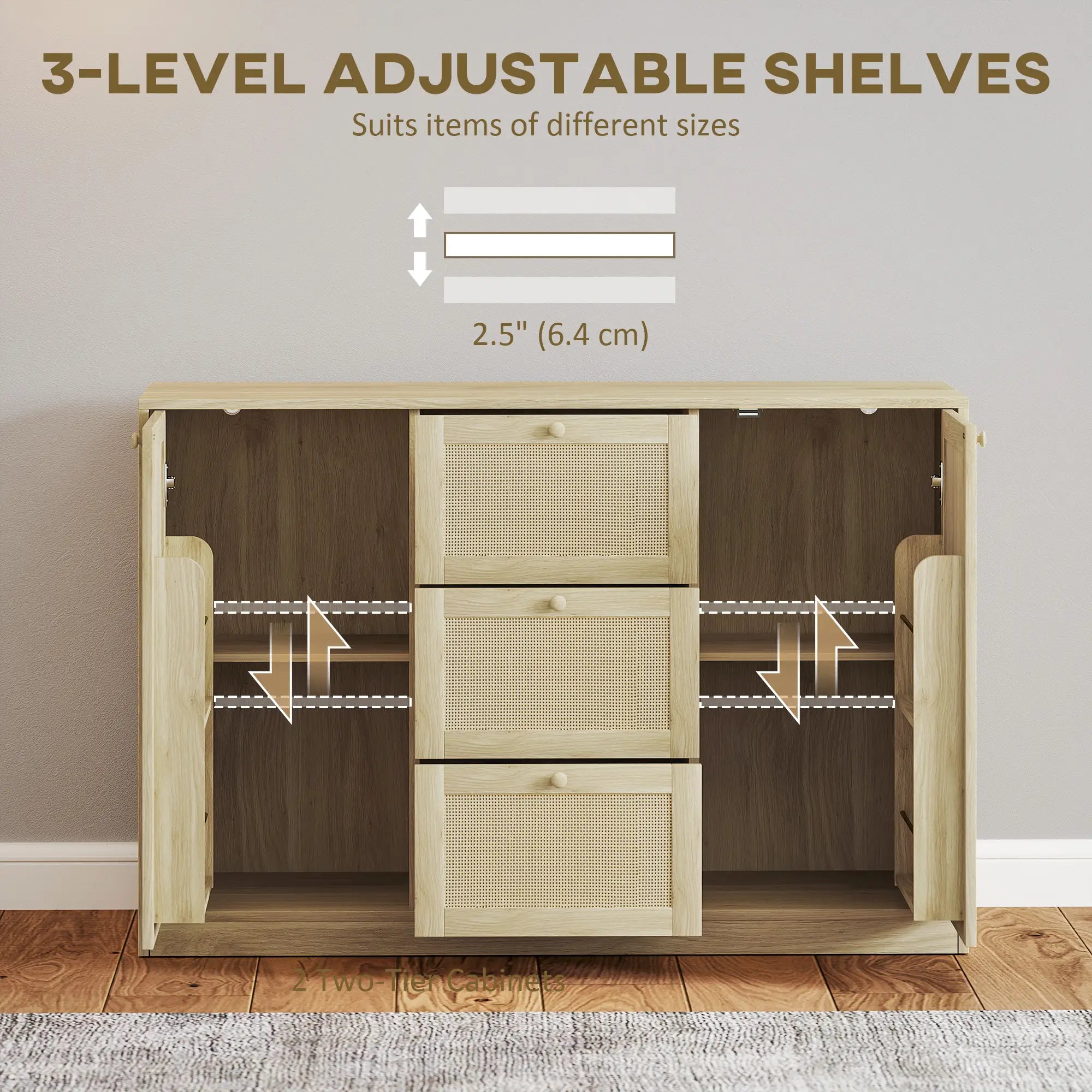 Boho Sideboard Buffet Cabinet, Kitchen Coffee Bar, 3 Drawers, 2 Shelves, 4 Racks, Natural Storage Cabinets at Gallery Canada