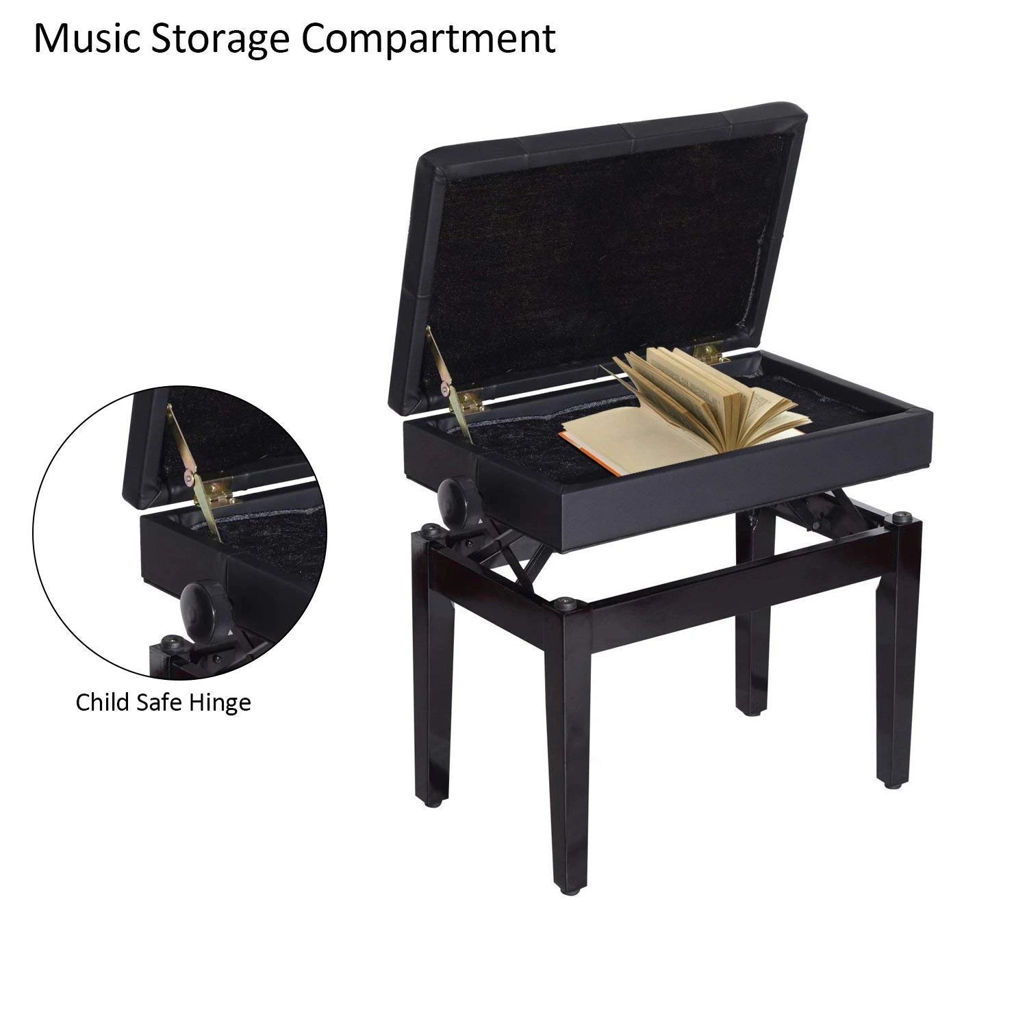 Adjustable Piano Bench, Storage, Soft PU Leather Padded, Black Piano Benches at Gallery Canada