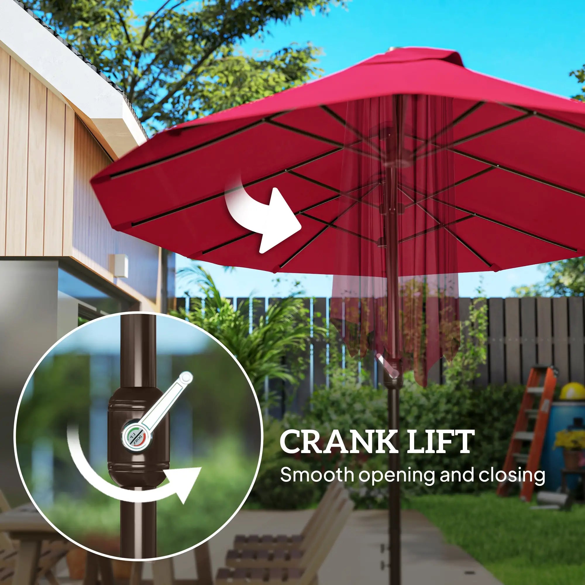 15' Outdoor Patio Umbrella, Twin Canopy Sunshade, Lift Crank, Wine Red Sun Umbrellas at Gallery Canada