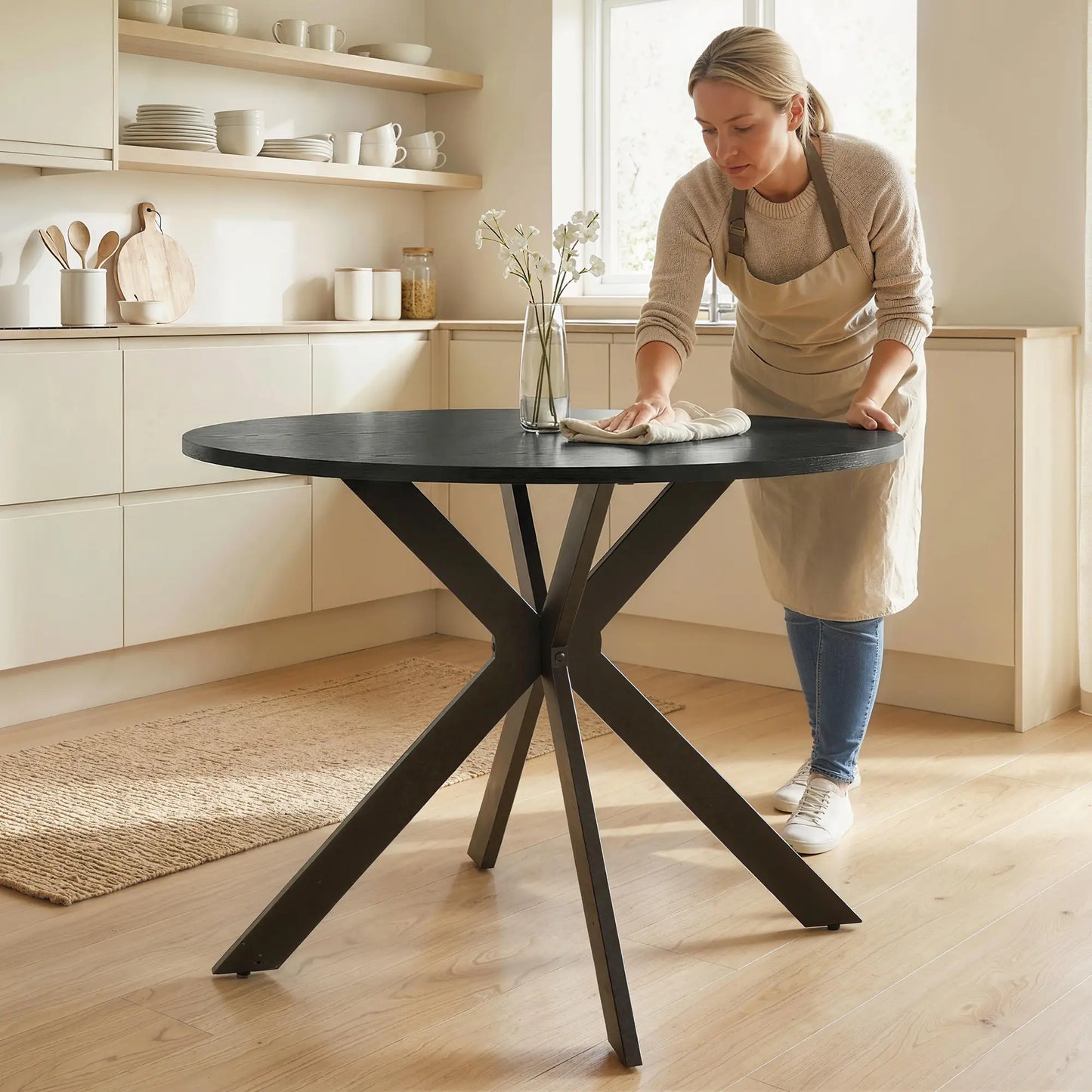 39" Dining Table, Round Kitchen Table, Steel Legs, Wood Grain, Black Dining Tables at Gallery Canada