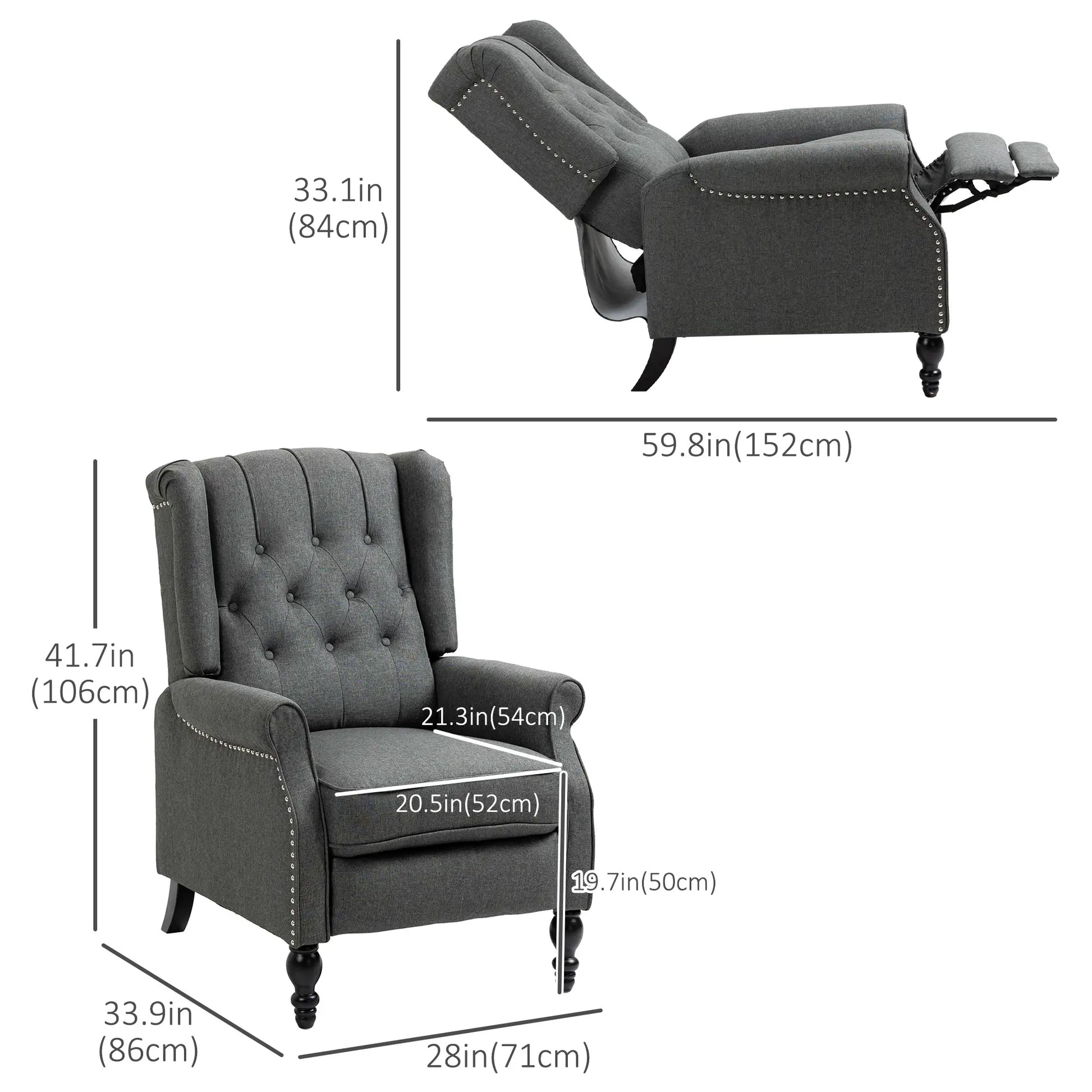 Wingback Reclining Chair with Footrest, Button Tufted, Dark Grey Single Sofas at Gallery Canada
