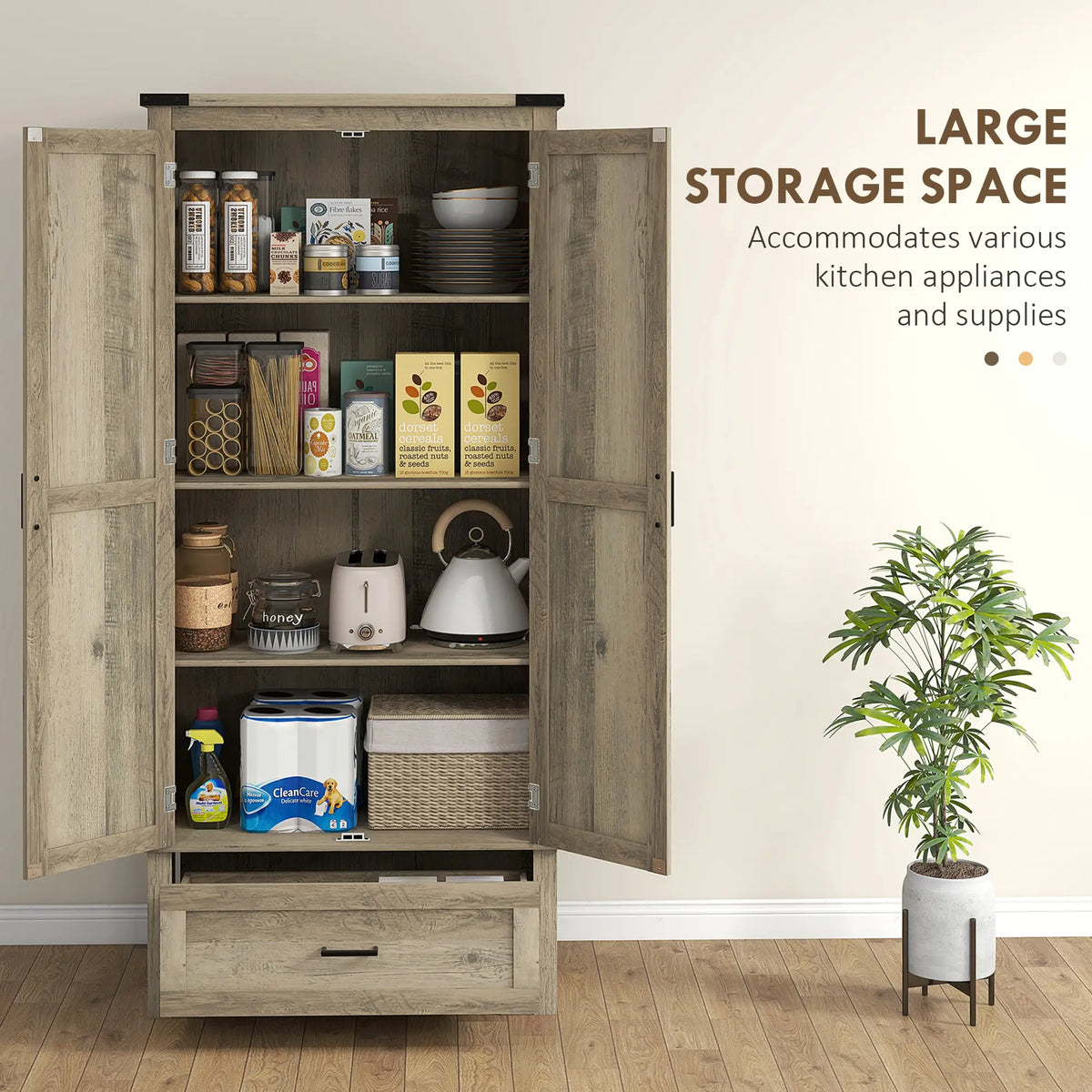 69" Tall Farmhouse Kitchen Pantry, 2 Doors, Drawer, Adjustable Shelves, Grey