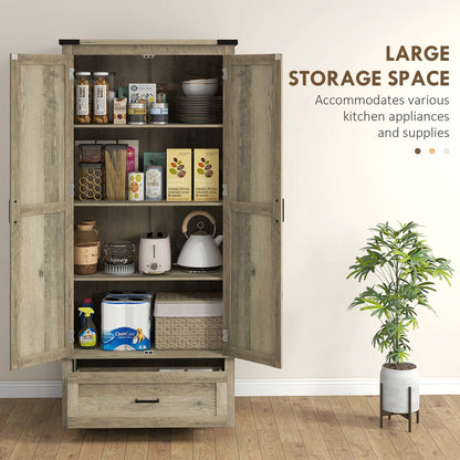 69" Tall Farmhouse Kitchen Pantry, 2 Doors, Drawer, Adjustable Shelves, Grey