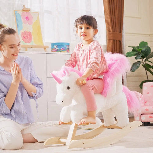 Kids Rocking Horse, Plush Unicorn Ride-On Toy, Pink