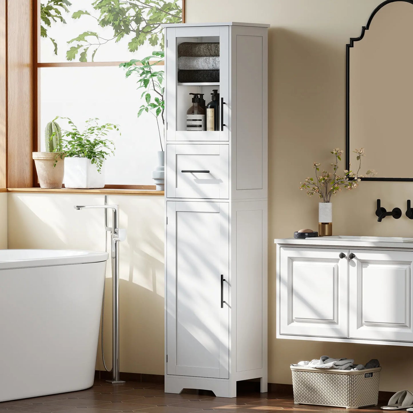 67" Tall Bathroom Storage Cabinet, Adjustable Shelves, Glass Door, Drawer Freestanding Bathroom Cabinets at Gallery Canada