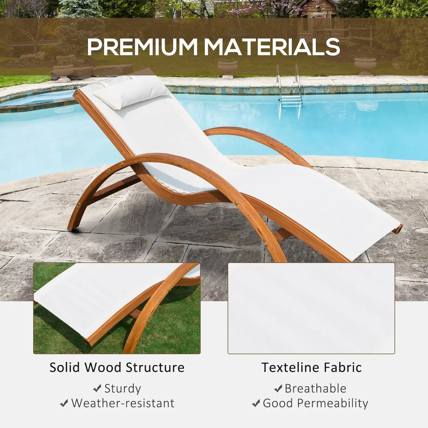 Outdoor Wood Sling Chaise Lounge, Garden Mesh Lounger, Cream Lounger Chairs at Gallery Canada