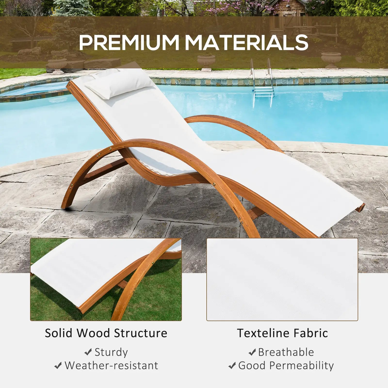 Outdoor Wood Sling Chaise Lounge, Garden Mesh Lounger, Cream Lounger Chairs at Gallery Canada