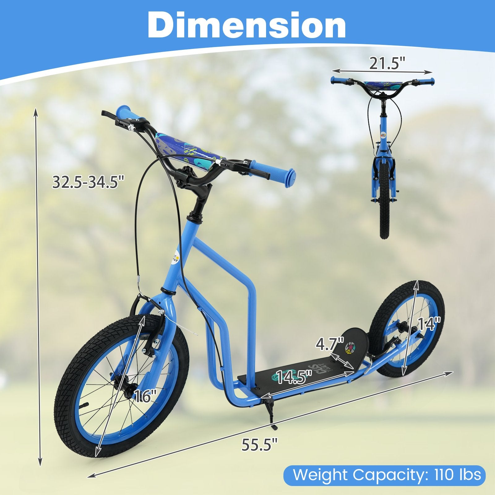 Youth Scooter with Adjustable Handlebar and 16/14-Inch Inflatable Wheels for Age 8+ Years Old, Blue Scooters at Gallery Canada