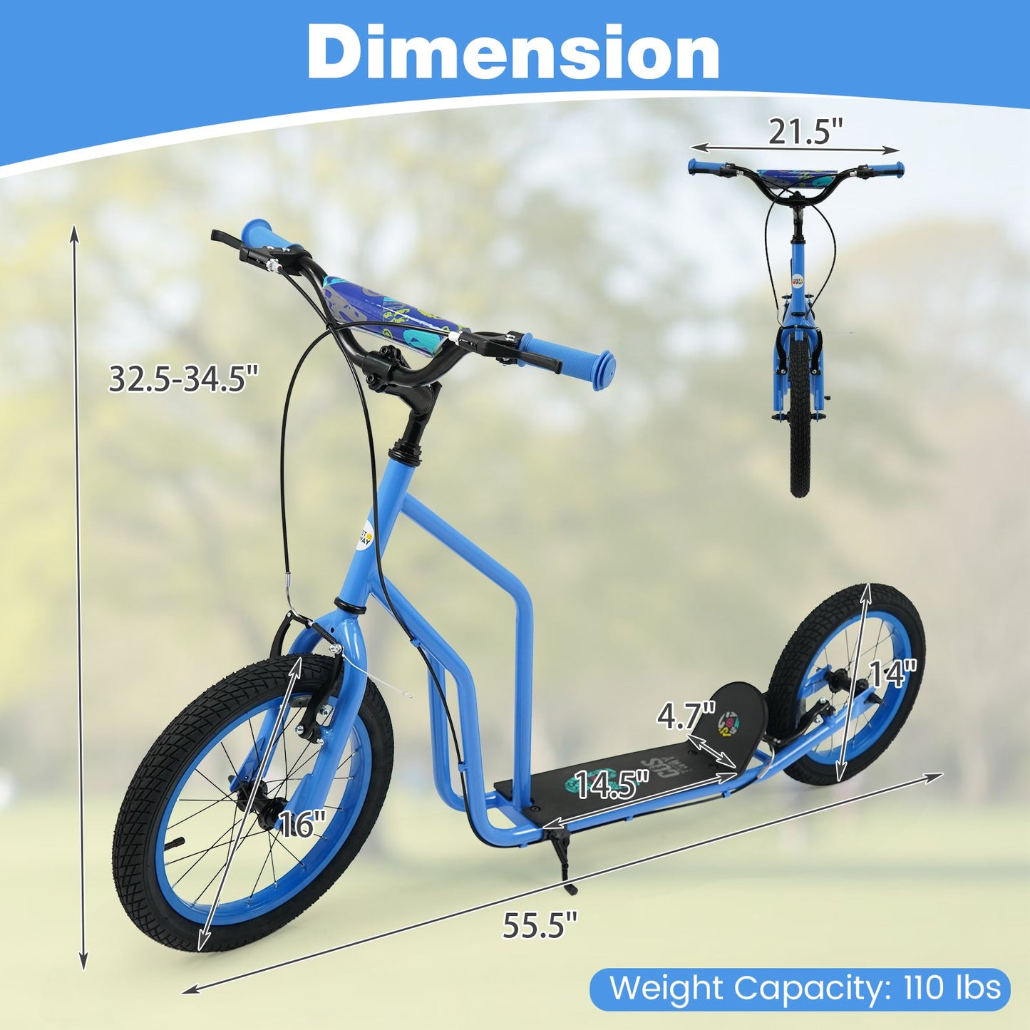 Youth Scooter with Adjustable Handlebar and 16/14-Inch Inflatable Wheels for Age 8+ Years Old, Blue Scooters at Gallery Canada