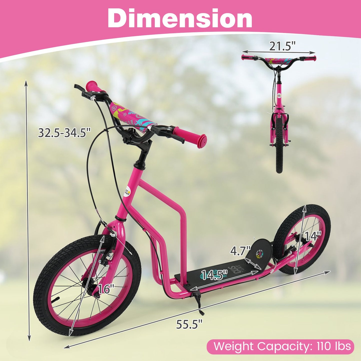 Youth Scooter with Adjustable Handlebar and 16/14-Inch Inflatable Wheels for Age 8+ Years Old, Pink Scooters at Gallery Canada