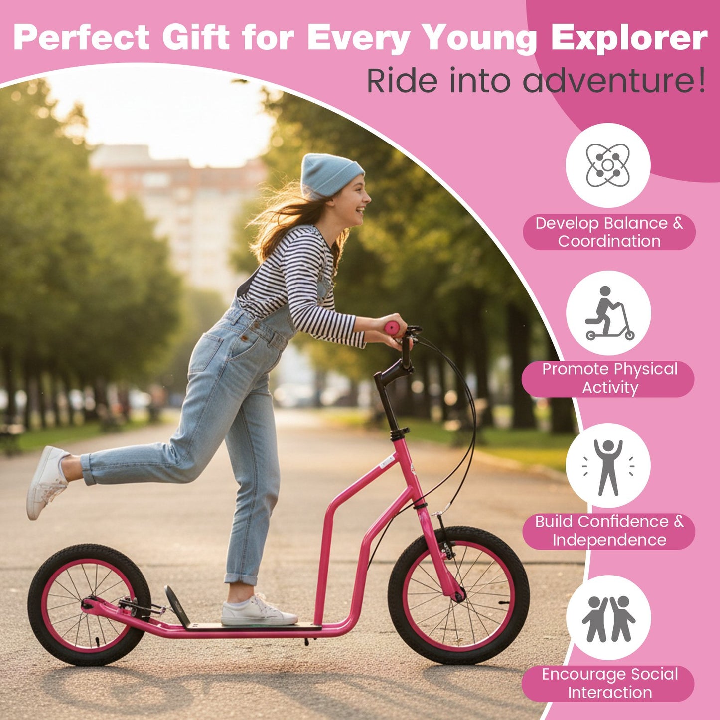 Youth Scooter with Adjustable Handlebar and 16/14-Inch Inflatable Wheels for Age 8+ Years Old, Pink Scooters at Gallery Canada