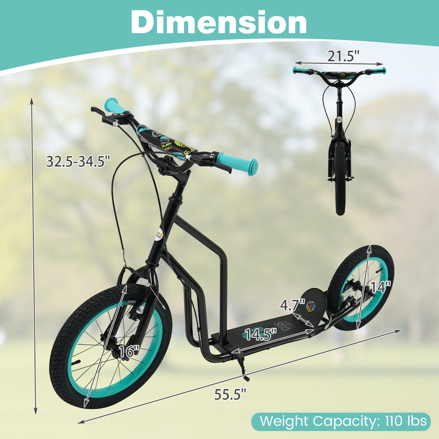 Youth Scooter with Adjustable Handlebar and 16/14-Inch Inflatable Wheels for Age 8+ Years Old, Black