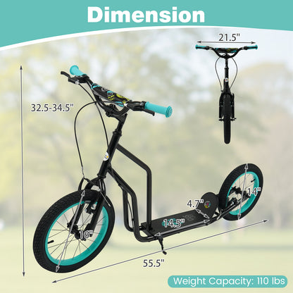 Youth Scooter with Adjustable Handlebar and 16/14-Inch Inflatable Wheels for Age 8+ Years Old, Black