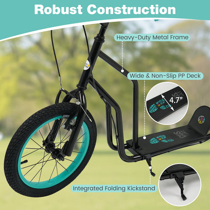 Youth Scooter with Adjustable Handlebar and 16/14-Inch Inflatable Wheels for Age 8+ Years Old, Black