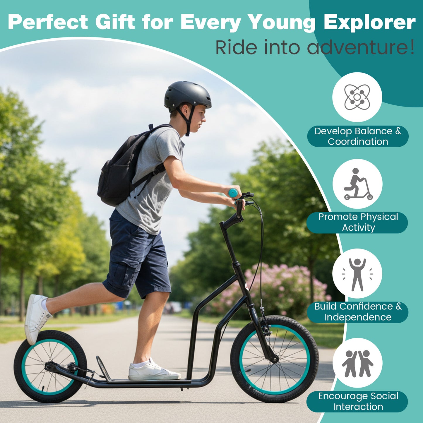 Youth Scooter with Adjustable Handlebar and 16/14-Inch Inflatable Wheels for Age 8+ Years Old, Black