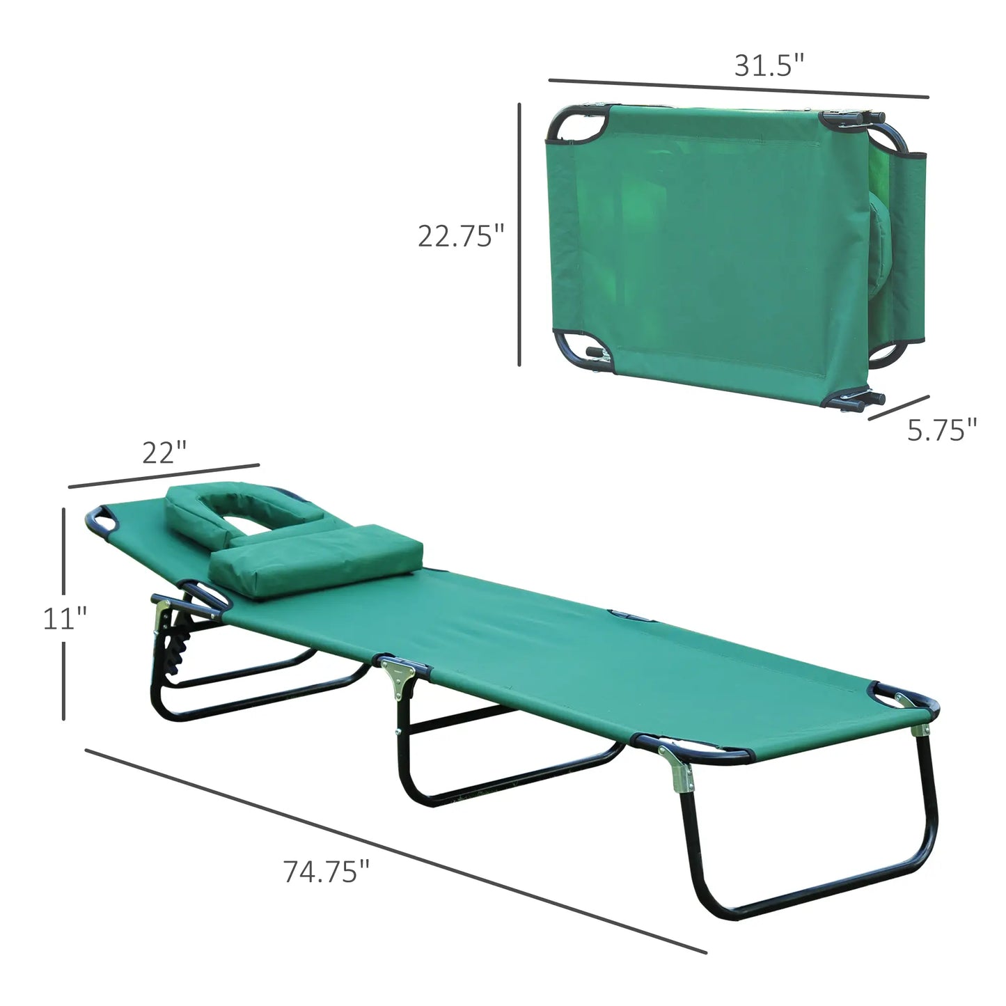 Folding Outdoor Lounge Chair, Portable Reclining Beach Lounger, Detachable Pillow, 3-Position Adjustable, Green Lounger Chairs at Gallery Canada