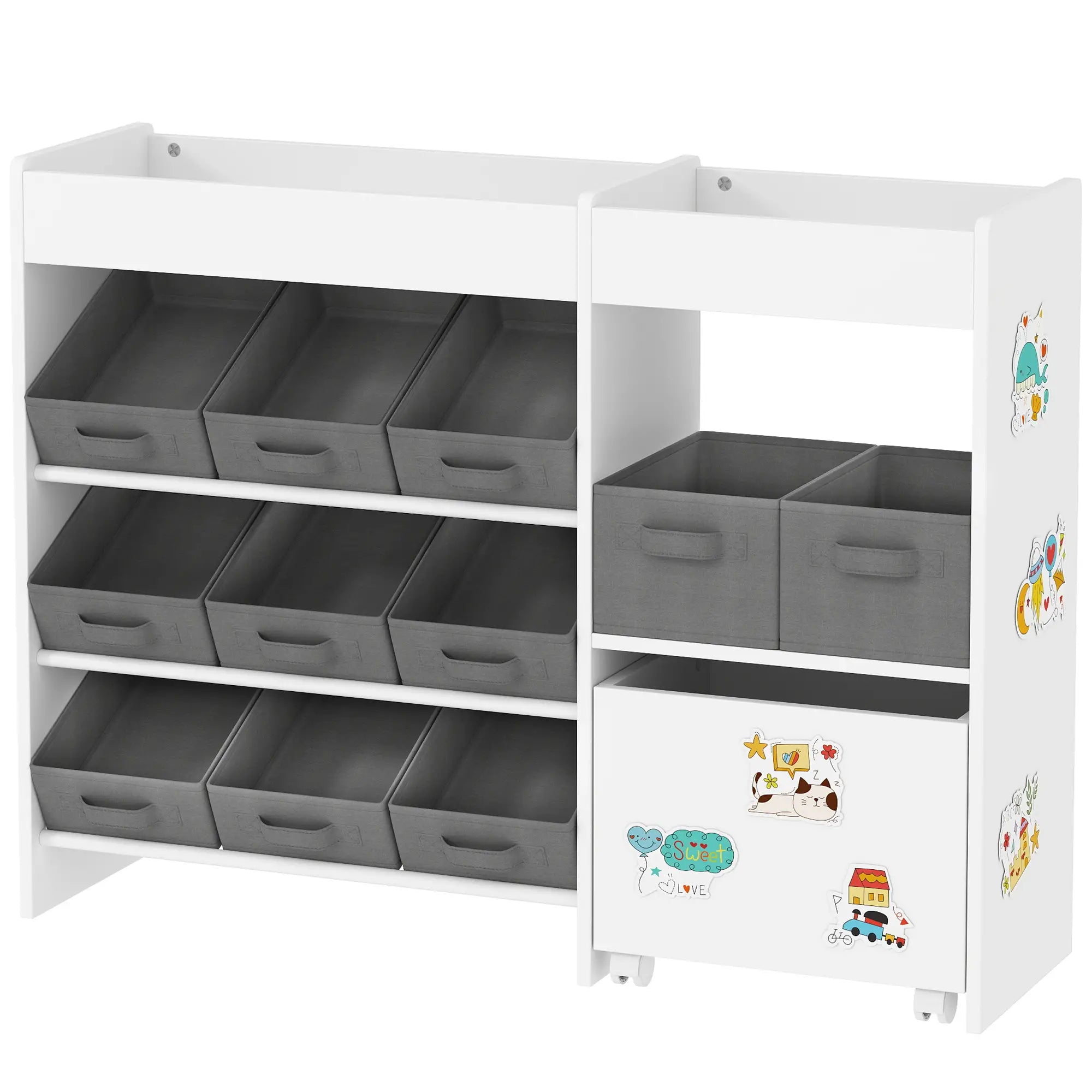 Kids Toy Storage Organizer with 11 Bins, Moveable Cabinet, Top Shelves, 3 Stickers, for Nursery, Playroom, White Bookshelves & Bookcases White, Gray at Gallery Canada
