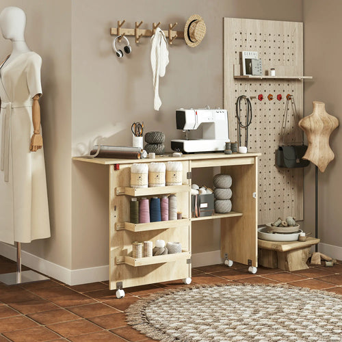 Sewing Machine Cabinet, Folding Table with Storage, Nature Wood