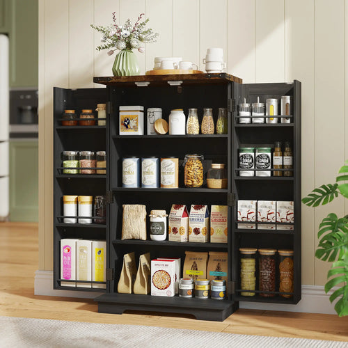 Farmhouse Kitchen Pantry Cabinet, Adjustable Shelves, Black