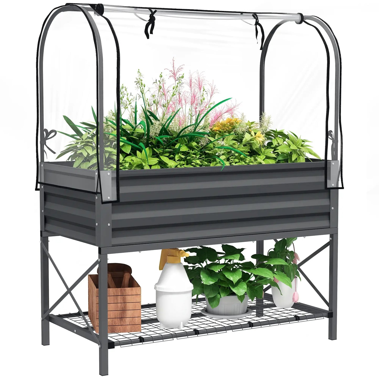 Metal Raised Garden Bed With Cover, With Bottom Shelf And Liner, Dark Grey