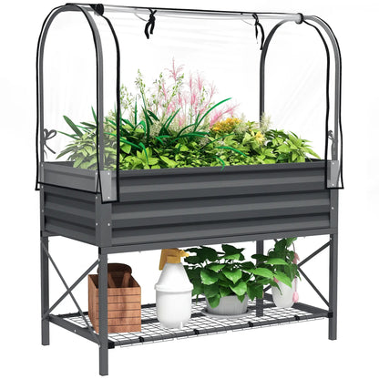 Metal Raised Garden Bed With Cover, With Bottom Shelf And Liner, Dark Grey