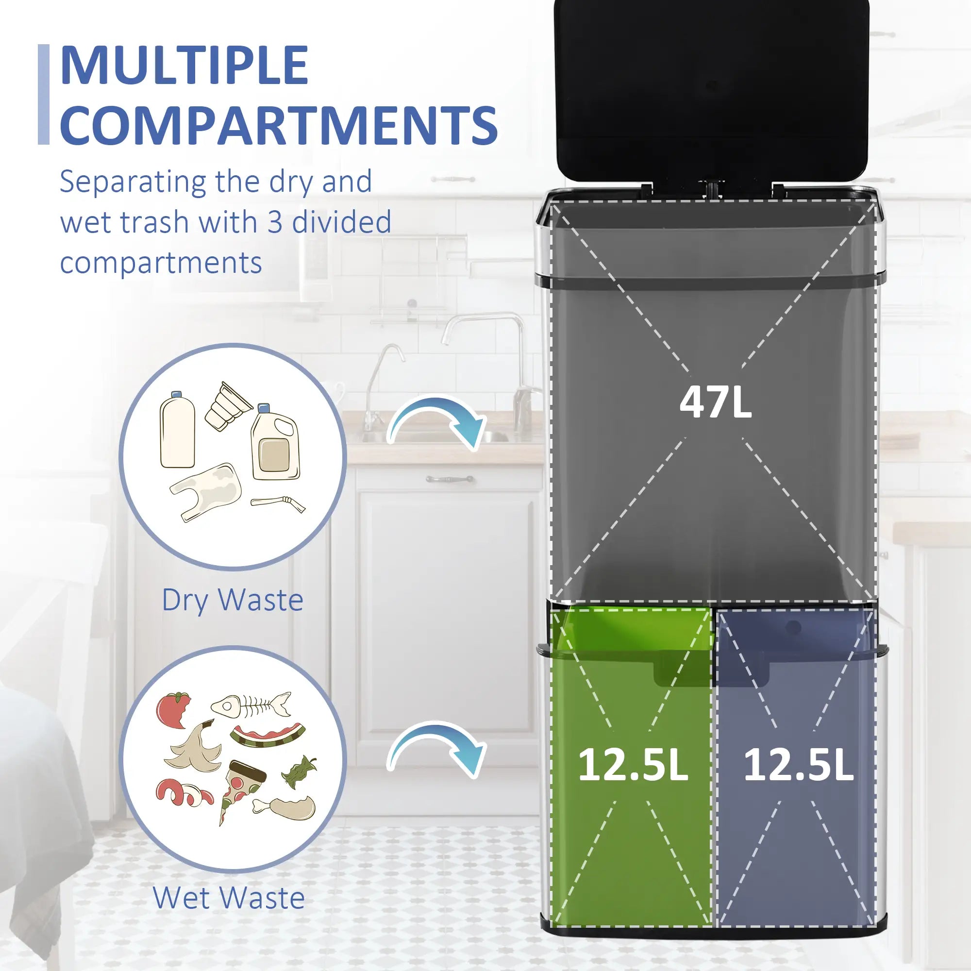 Sensor Trash Can, 19 Gallon Stainless Steel, 3 Compartments, Silver Household Supplies at Gallery Canada
