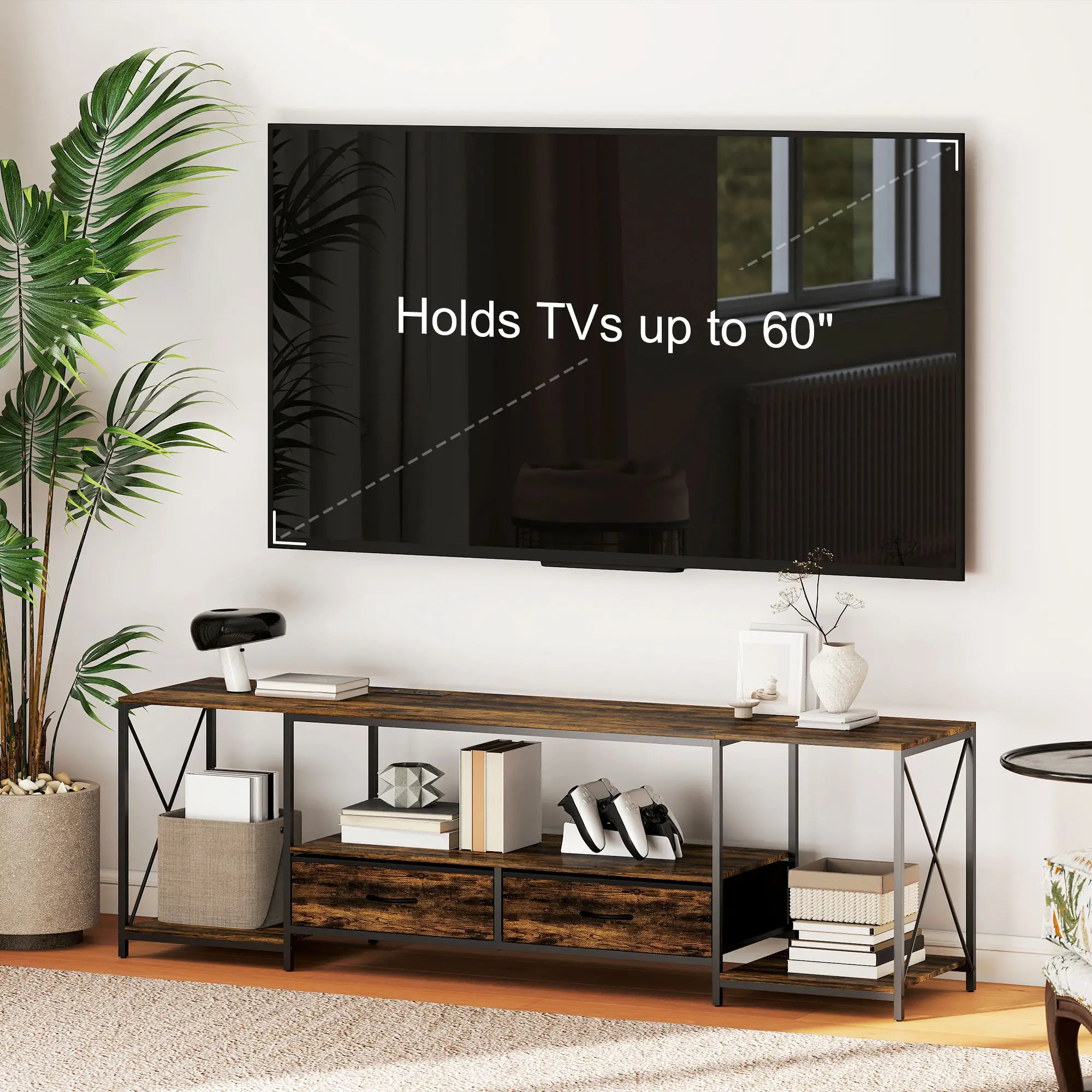 Industrial TV Stand For 60 Inch TV, Rustic Brown, With Charging Station And RGB LED Lights, Brown TV Stands at Gallery Canada