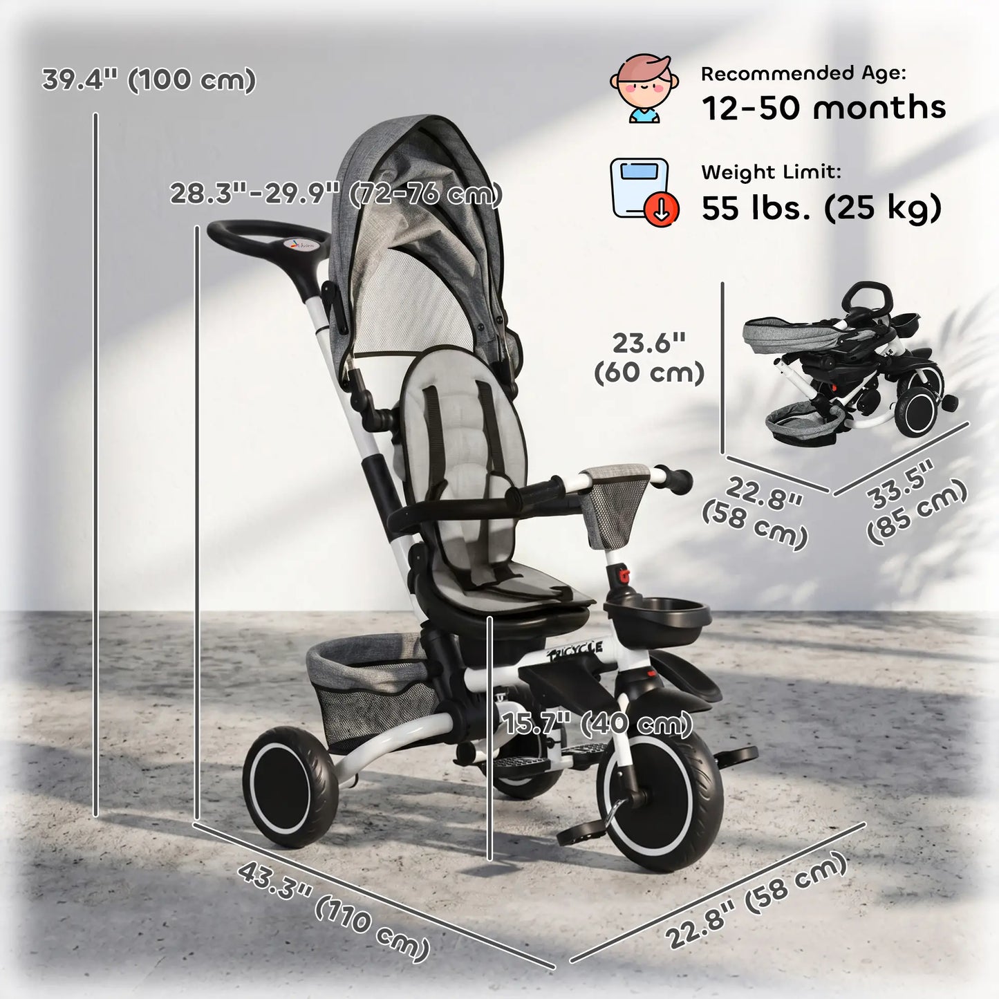 6-in-1 Toddler Tricycle, Adjustable Seat, Push Handle, Grey Tricycles for Kids at Gallery Canada